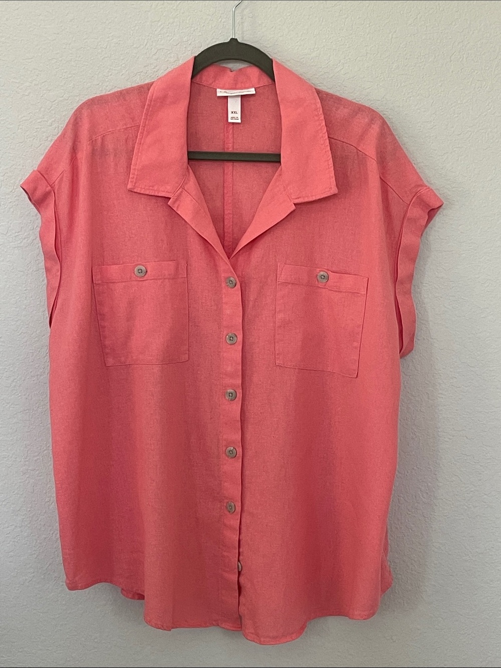 Isabel Ingrid + Isabel XXL Coral Linen Blend Button Front Utility Shirt